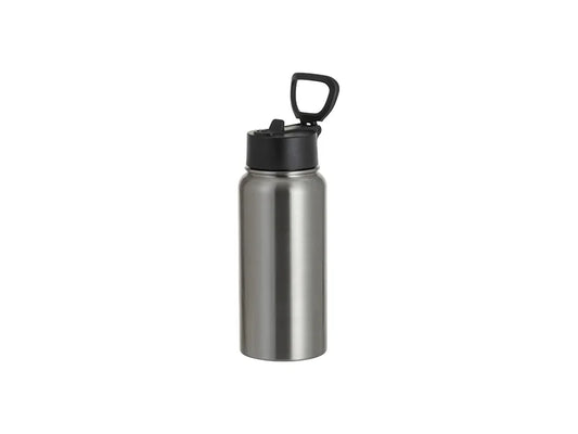 25oz/750ml Stainless Steel Water Bottle w/ Wide Mouth Straw & Portable Lid (Silver)