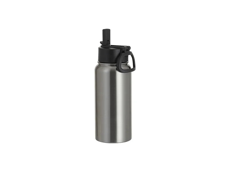 25oz/750ml Stainless Steel Water Bottle w/ Wide Mouth Straw & Portable Lid (Silver)
