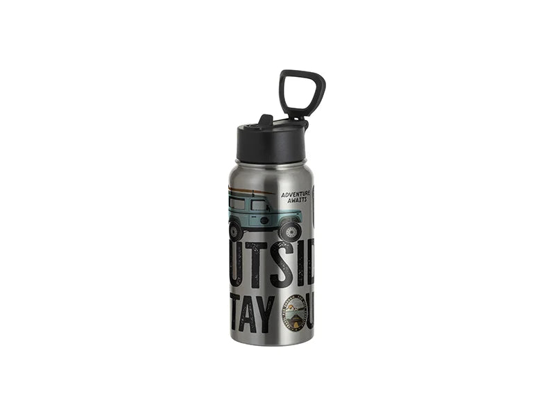 25oz/750ml Stainless Steel Water Bottle w/ Wide Mouth Straw & Portable Lid (Silver)