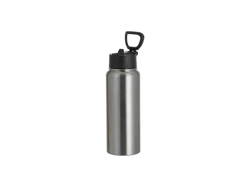 30oz/900ml Stainless Steel Water Bottle w/ Wide Mouth Straw & Portable Lid (Silver)
