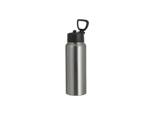30oz/900ml Stainless Steel Water Bottle w/ Wide Mouth Straw & Portable Lid (Silver)