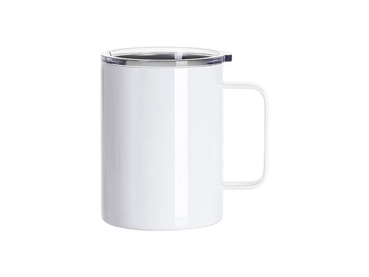 Sublimation Blanks 13oz/400ml Stainless Steel Coffee Cup with Clear Flat Lid & Handle (White)