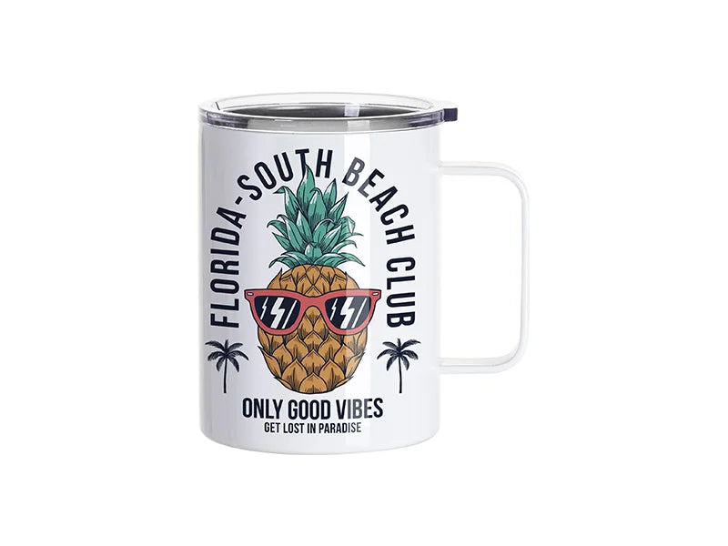 Sublimation Blanks 13oz/400ml Stainless Steel Coffee Cup with Clear Flat Lid & Handle (White)