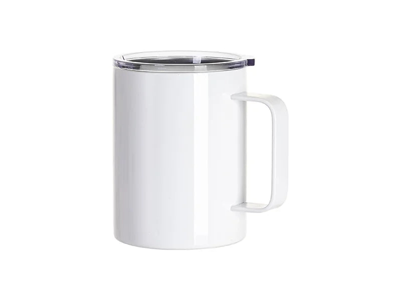 Sublimation Blanks 13oz/400ml Stainless Steel Coffee Cup with Clear Flat Lid & Handle (White)