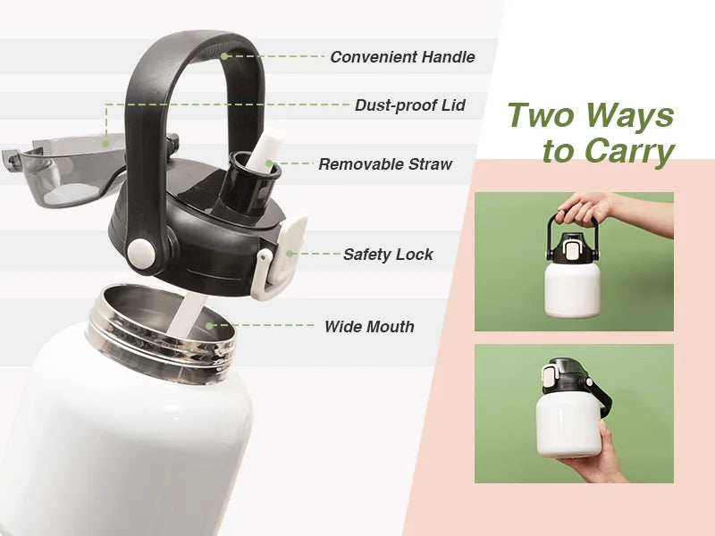 Sublimation Blanks 27oz/800ml Stainless Steel Travel Bottle w/ Black Portable Straw Lid & Handle (Silver)