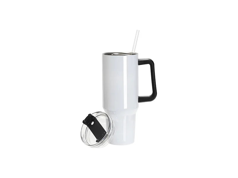 Sublimation Blanks 40oz/1200ml Stainless Steel White Travel Tumbler with Lid & Straw(Black Handle)
