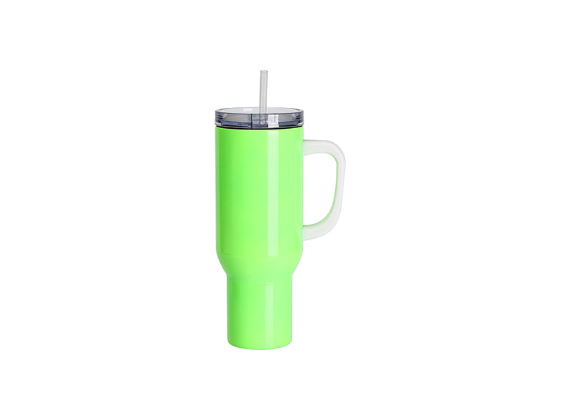 Sublimation Blanks 40oz/1200ml Stainless Steel Fluorescent Green Travel Tumbler with Lid & Straw(White Handle)