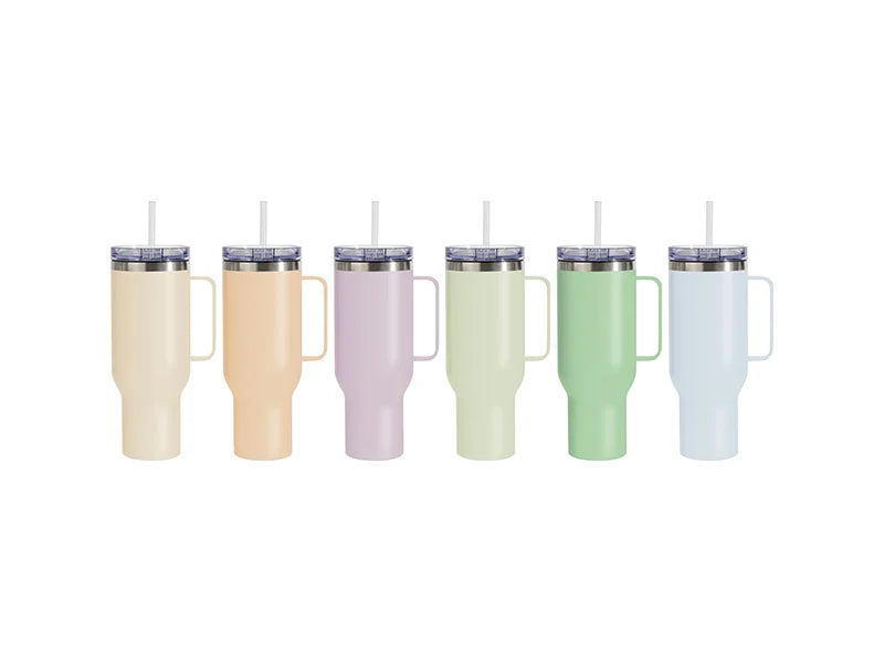 Sublimation 40oz/1200ml Stainless Steel Matte Travel Tumbler with Silver Trim &Clear Slide Lid & Plastic Straw(Matte Metal Handle, Light Pink)