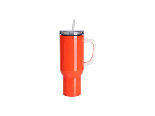 Sublimation Blanks 40oz/1200ml Stainless Steel Fluorescent Orange Travel Tumbler with Lid & Straw(White Handle)