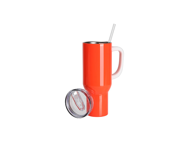 Sublimation Blanks 40oz/1200ml Stainless Steel Fluorescent Orange Travel Tumbler with Lid & Straw(White Handle)