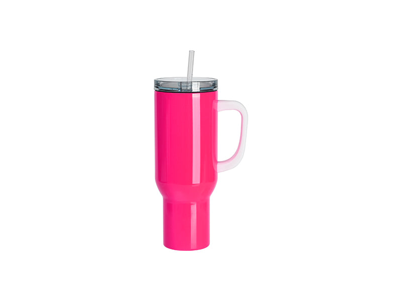 Sublimation Blanks 40oz/1200ml Stainless Steel Fluorescent Pink Travel Tumbler with Lid & Straw(White Handle)