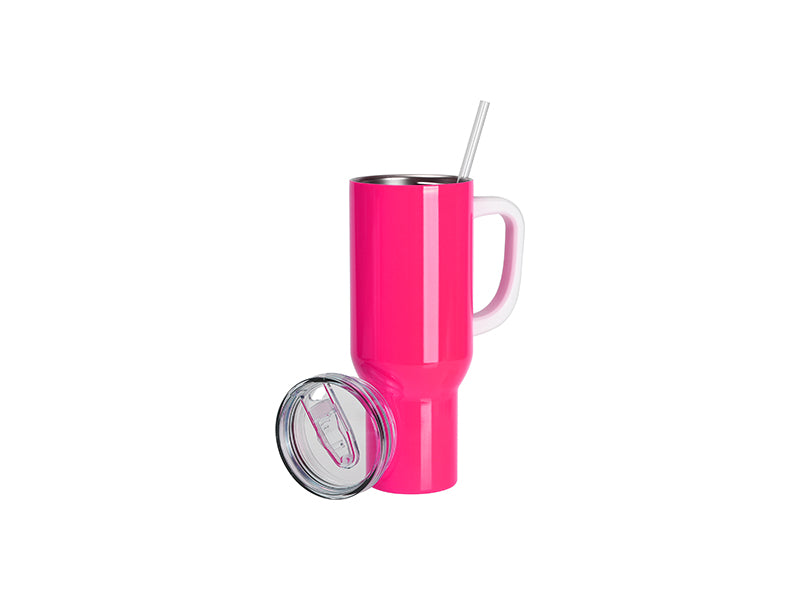 Sublimation Blanks 40oz/1200ml Stainless Steel Fluorescent Pink Travel Tumbler with Lid & Straw(White Handle)