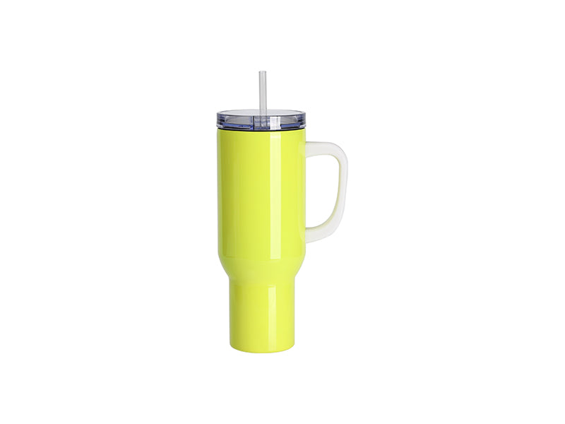 Sublimation Blanks 40oz/1200ml Stainless Steel Fluorescent Yellow Travel Tumbler with Lid & Straw(White Handle)