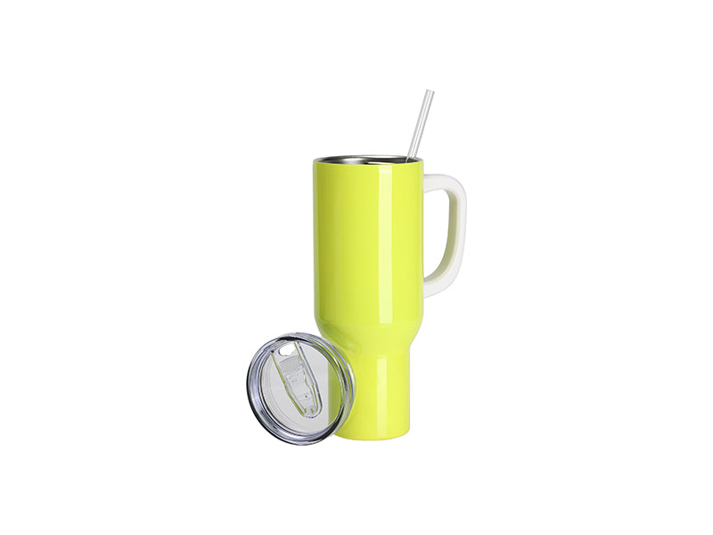 Sublimation Blanks 40oz/1200ml Stainless Steel Fluorescent Yellow Travel Tumbler with Lid & Straw(White Handle)