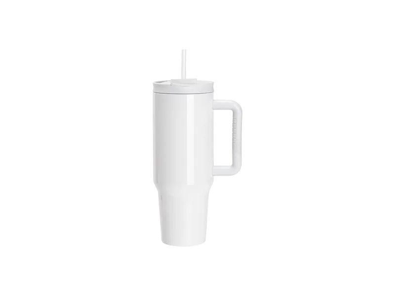 Sublimation 40oz/1200ml White Stainless Steel White Travel Tumbler with Flip Lid & Straw(Gray White Soft Grip Handle)