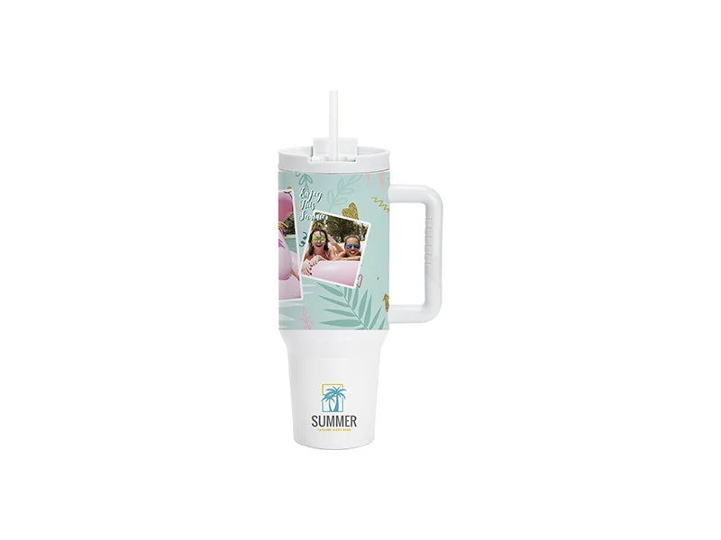Sublimation 40oz/1200ml White Stainless Steel White Travel Tumbler with Flip Lid & Straw(Gray White Soft Grip Handle)