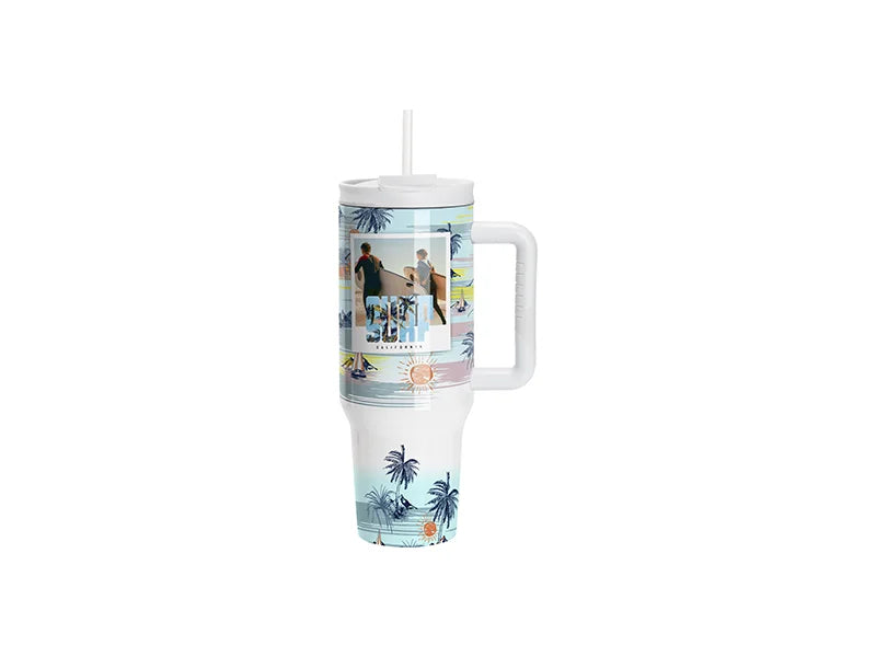Sublimation 40oz/1200ml White Stainless Steel White Travel Tumbler with Flip Lid & Straw(Gray White Soft Grip Handle)