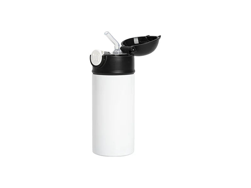 12oz/360ml White Sublimation Kids Stainless Steel Water Bottle with Plastic Straw & Black Cap