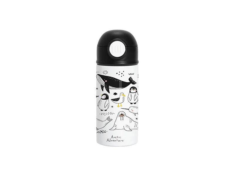 12oz/360ml White Sublimation Kids Stainless Steel Water Bottle with Plastic Straw & Black Cap