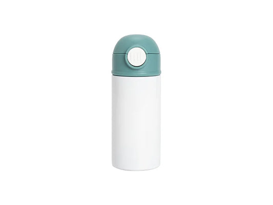12oz/360ml White Sublimation Kids Stainless Steel Water Bottle with Plastic Straw & Green Cap