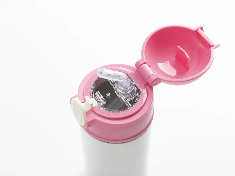 12oz/360ml White Sublimation Kids Stainless Steel Water Bottle with Plastic Straw & Pink Cap