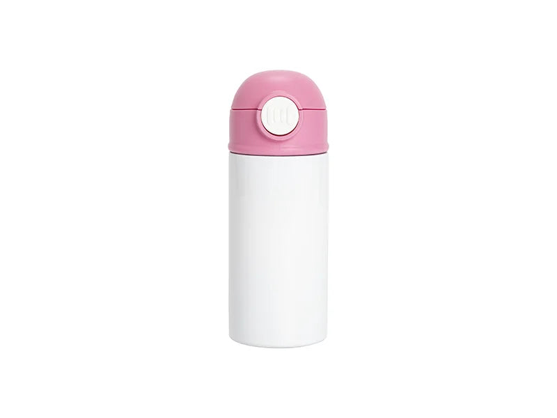 12oz/360ml White Sublimation Kids Stainless Steel Water Bottle with Plastic Straw & Pink Cap