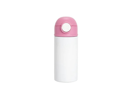 12oz/360ml White Sublimation Kids Stainless Steel Water Bottle with Plastic Straw & Pink Cap