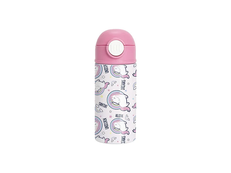 12oz/360ml White Sublimation Kids Stainless Steel Water Bottle with Plastic Straw & Pink Cap
