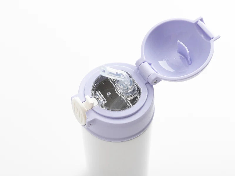 12oz/360ml White Sublimation Kids Stainless Steel Water Bottle with Plastic Straw & Purple Cap