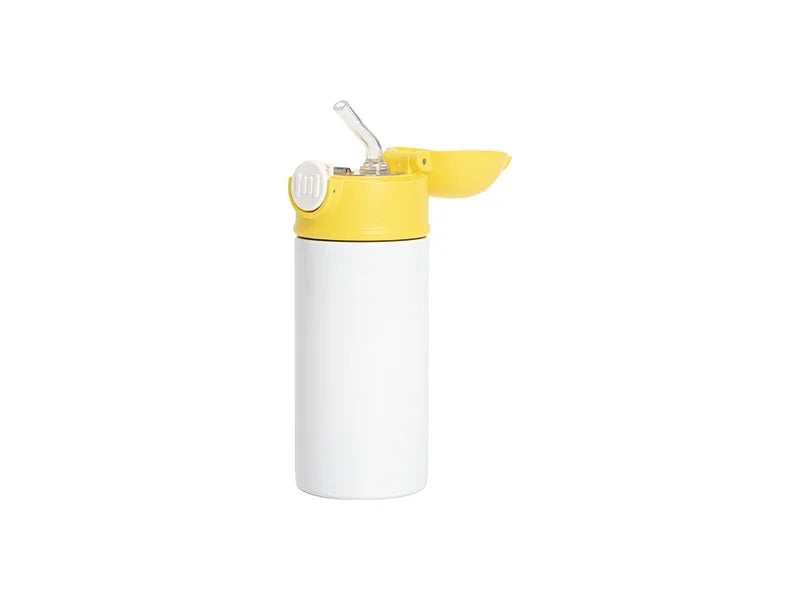 12oz/360ml White Sublimation Kids Stainless Steel Water Bottle with Plastic Straw & Yellow Cap
