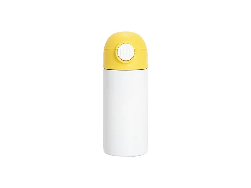 12oz/360ml White Sublimation Kids Stainless Steel Water Bottle with Plastic Straw & Yellow Cap