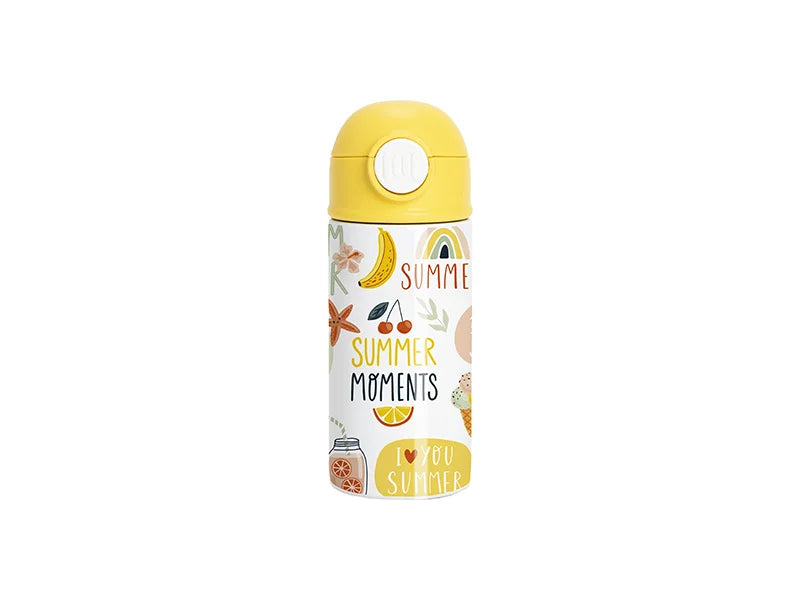 12oz/360ml White Sublimation Kids Stainless Steel Water Bottle with Plastic Straw & Yellow Cap