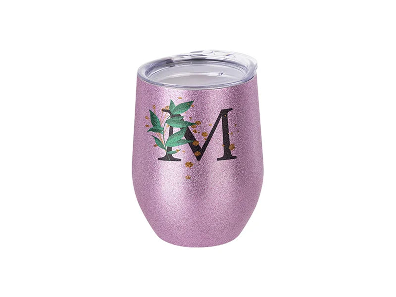 Sublimation 12oz/360ml Stainless Steel Stemless Glitter Cup w/ Lid (Pink)