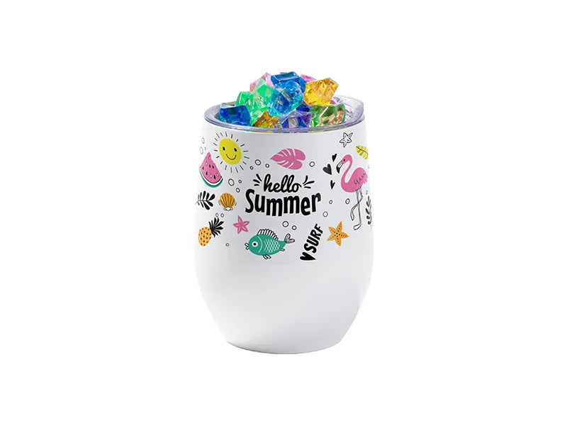 12oz SS Sublimation Blanks White Stemless Wine Cup with Color Fake Crushed Ice Topper Lid