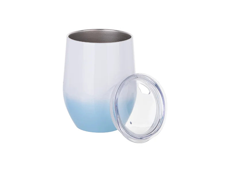 Sublimation 12oz Stainless Steel Stemless Wine Cup with Lid (Gradient Color White&Light Blue)