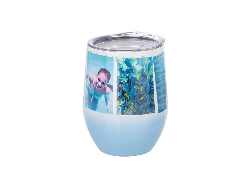 Sublimation 12oz Stainless Steel Stemless Wine Cup with Lid (Gradient Color White&Light Blue)