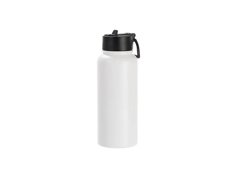 Sublimation Blanks 32oz/950ml Powder Coated SS Flask w/ Wide Mouth Straw Lid & Rotating Handle (White, Matt Sub Coating)