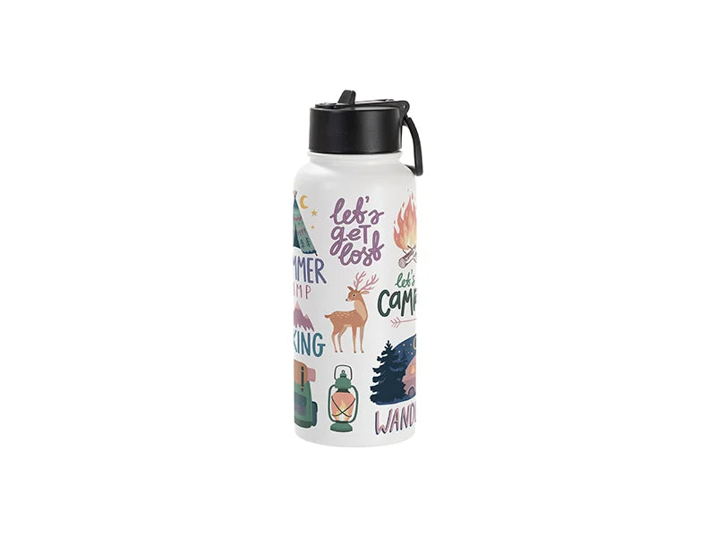 Sublimation Blanks 32oz/950ml Powder Coated SS Flask w/ Wide Mouth Straw Lid & Rotating Handle (White, Matt Sub Coating)