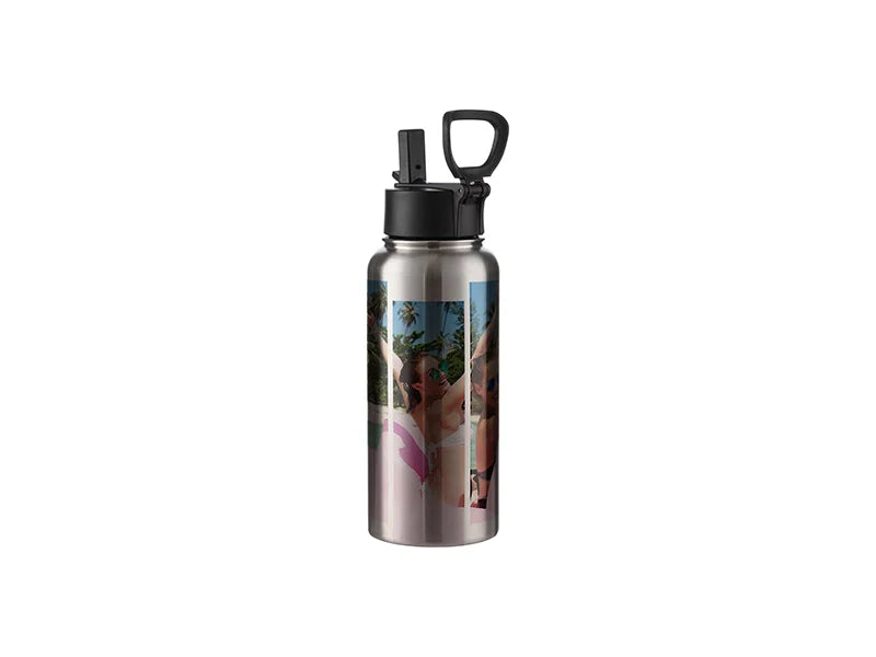 32oz/950ml Sublimation Blanks Stainless Steel Flask with Wide Mouth Straw Lid & Rotating Handle (Silver)