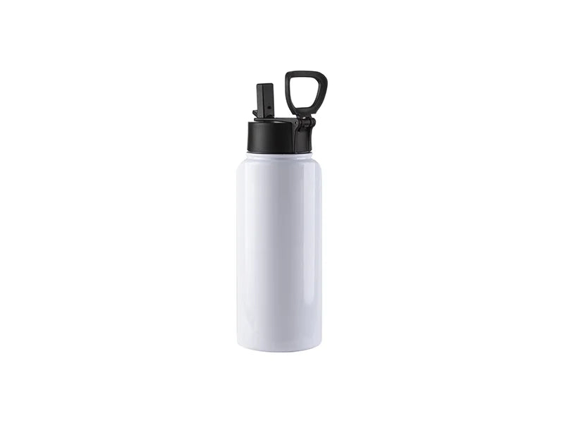 32oz/950ml Sublimation Blank Stainless Steel Water Bottles with Wide Mouth Straw Lid & Rotating Handle (White)