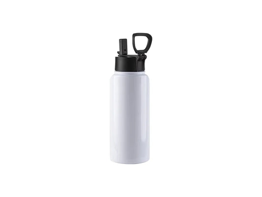 32oz/950ml Sublimation Blank Stainless Steel Water Bottles with Wide Mouth Straw Lid & Rotating Handle (White)