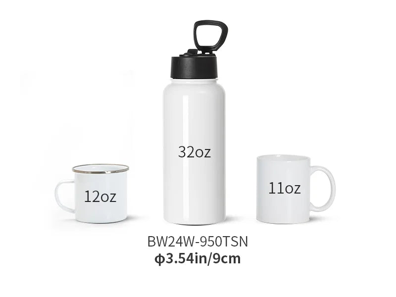 Sublimation Blanks 32oz/950ml Stainless Steel Water Bottles with Wide Mouth Straw Lid & Rotating Handle (White)