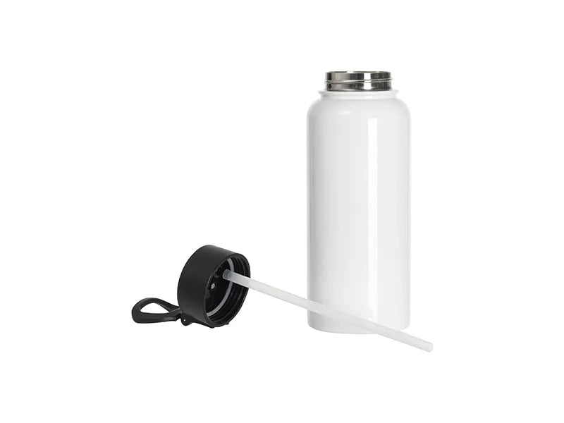 Sublimation Blanks 32oz/950ml Stainless Steel Water Bottles with Wide Mouth Straw Lid & Rotating Handle (White)