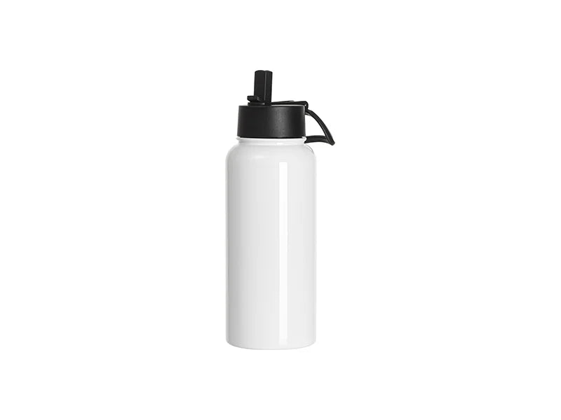 Sublimation Blanks 32oz/950ml Stainless Steel Water Bottles with Wide Mouth Straw Lid & Rotating Handle (White)