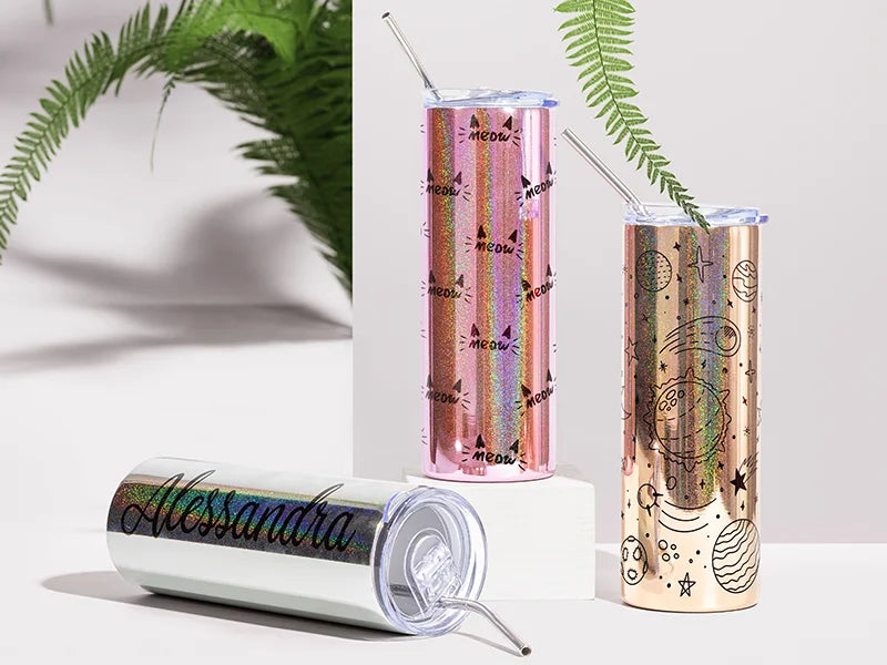 20oz/600ml Sublimation Blanks Stainless Steel Metallic Plated Glitter Skinny Tumbler (Pink)