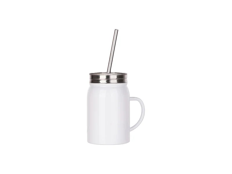 17oz/500ml Sublimation Stainless Steel Mason Jar with Straw& Handle (White)
