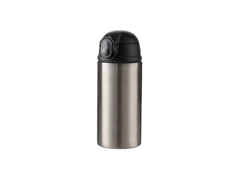 12oz/360ml Sublimation Blanks Kids Stainless Steel Bottle With Silicon Straw & Black Cap (Silver)