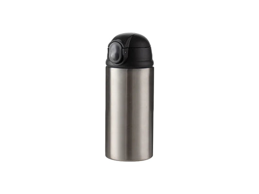 12oz/360ml Sublimation Blanks Kids Stainless Steel Bottle With Silicon Straw & Black Cap (Silver)