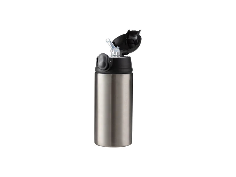 12oz/360ml Sublimation Blanks Kids Stainless Steel Bottle With Silicon Straw & Black Cap (Silver)