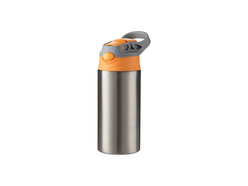 12oz/360ml Kids Water Bottle With Silicon Straw & Gray Handle Lid for Sublimation Printing Blank Silver